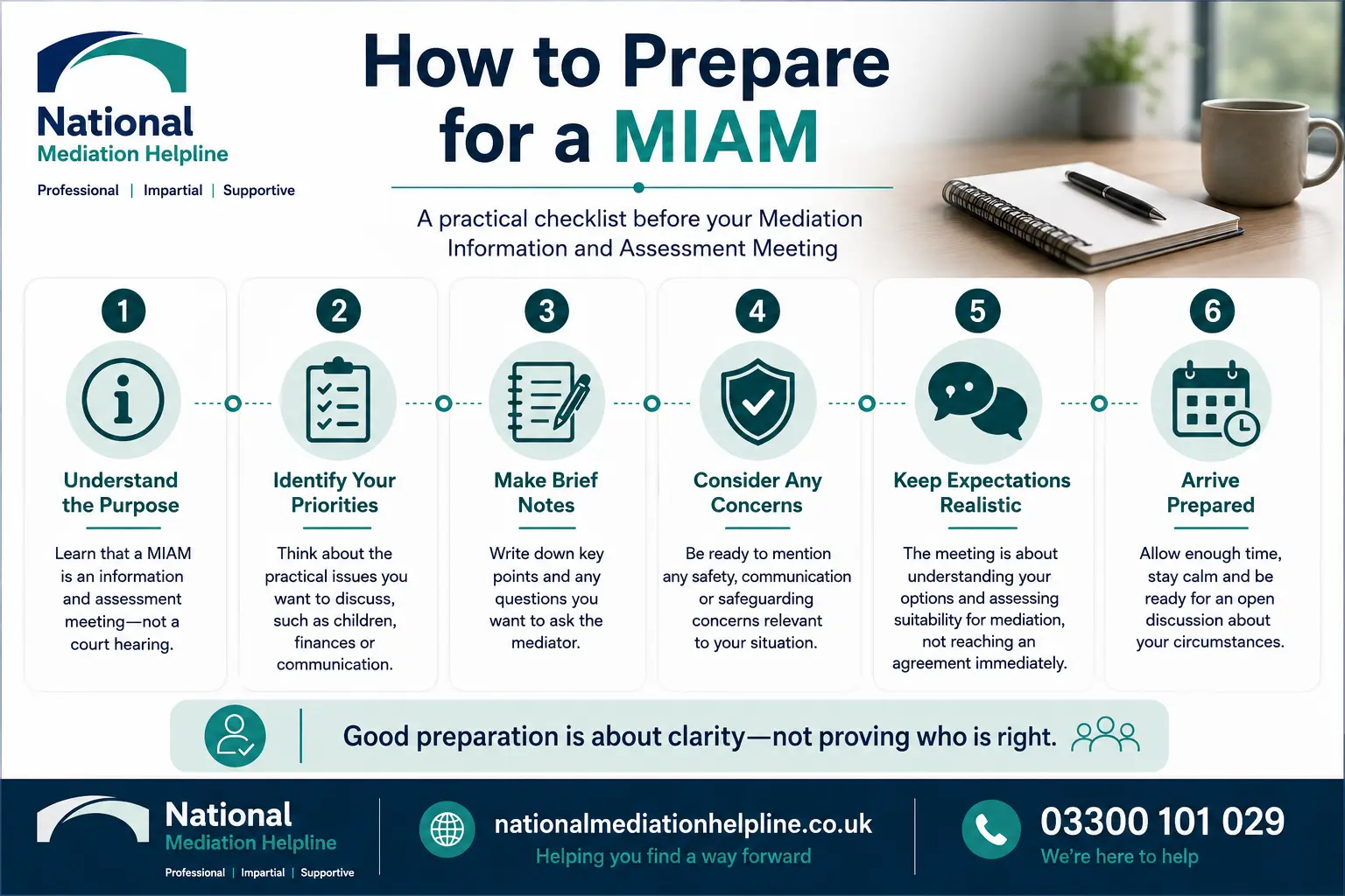 How to prepare for a miam in Derby How to prepare for a miam infographics , explaining How to prepare for a miam in Derby: Understand how to prepare for a miam in 6 Steps